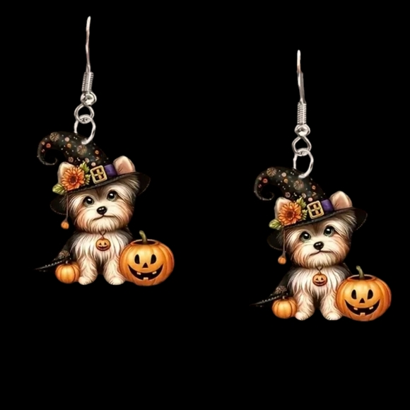 NEW Chic Acrylic Dog With Pumpkin Dangle Earrings - Picture 2 of 6